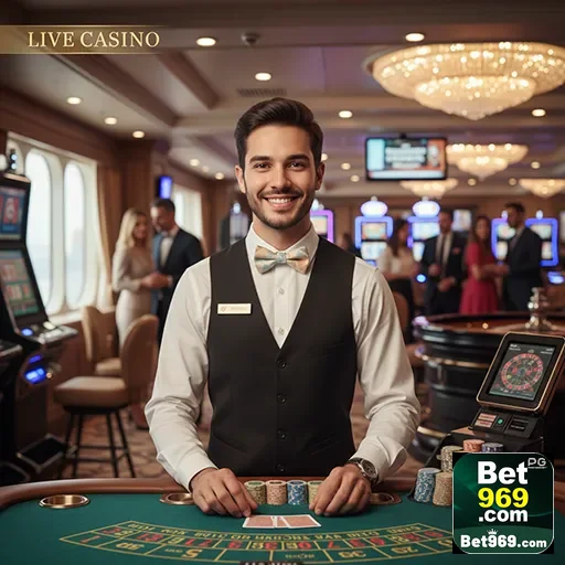 Atendente no cassino ao vivo do 969bet com jogadores.
