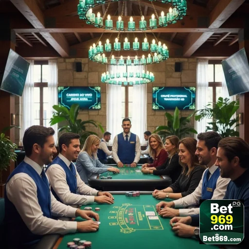 Mesa de jogo VIP na 969bet com jogadores e croupiers.