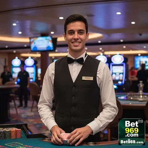 Atendente sorridente da 969bet em ambiente de cassino.